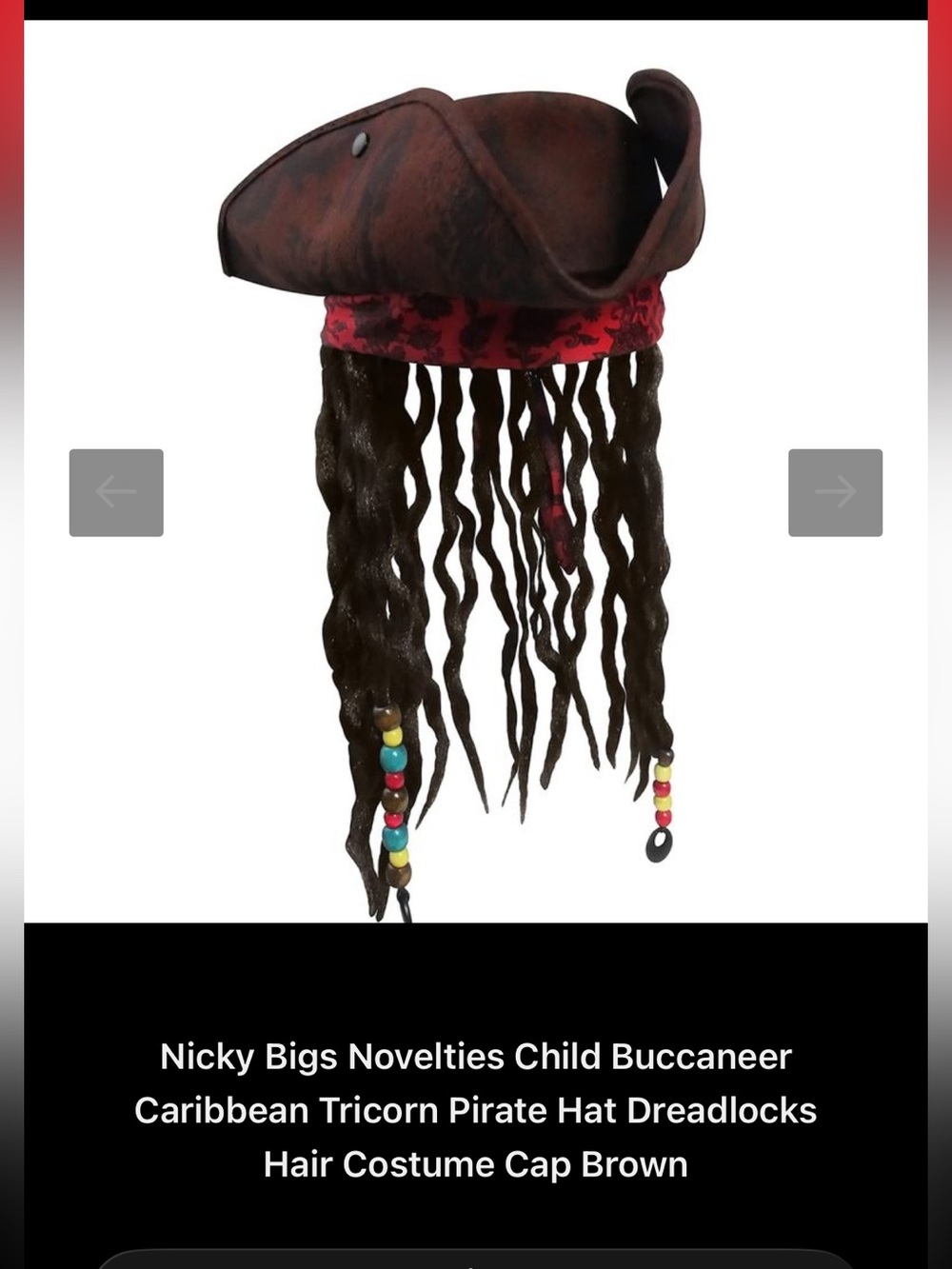 Brown Pirate Tricorn Hat with Hairpiece with Braided Accents
